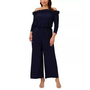 Adrianna Papell Plus Size 22W Navy Blue Off Shoulder Jersey Jumpsuit Rosette NWT